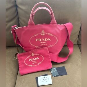 Prada Canapa Convertible Shopping Tote Canvas with Pouch Pink